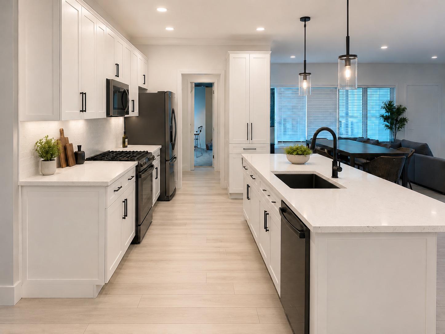 Galley kitchen after remodel with white shaker cabinets and quartz island