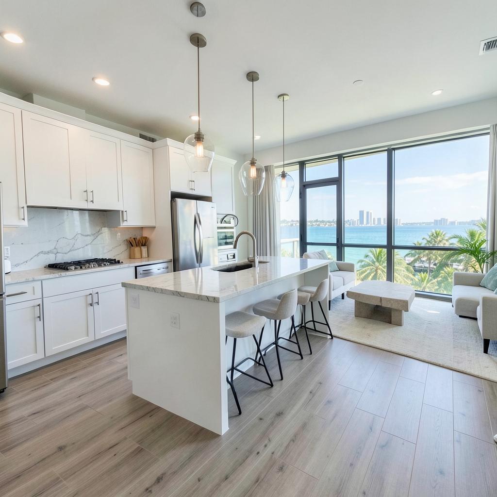 Renovated open-concept kitchen in a Naples high-rise condo with quartz island and Gulf views
