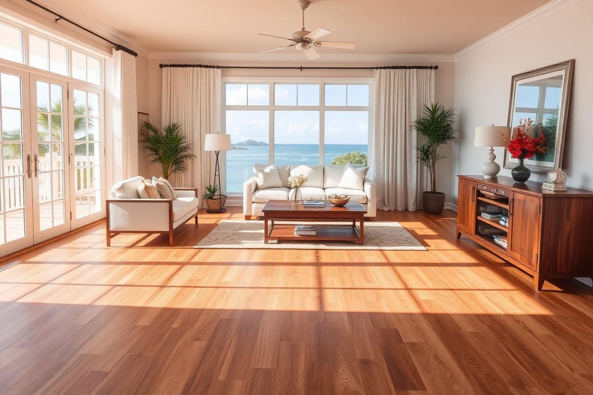 Wood-look porcelain tile flooring installed in a bright Southwest Florida living room