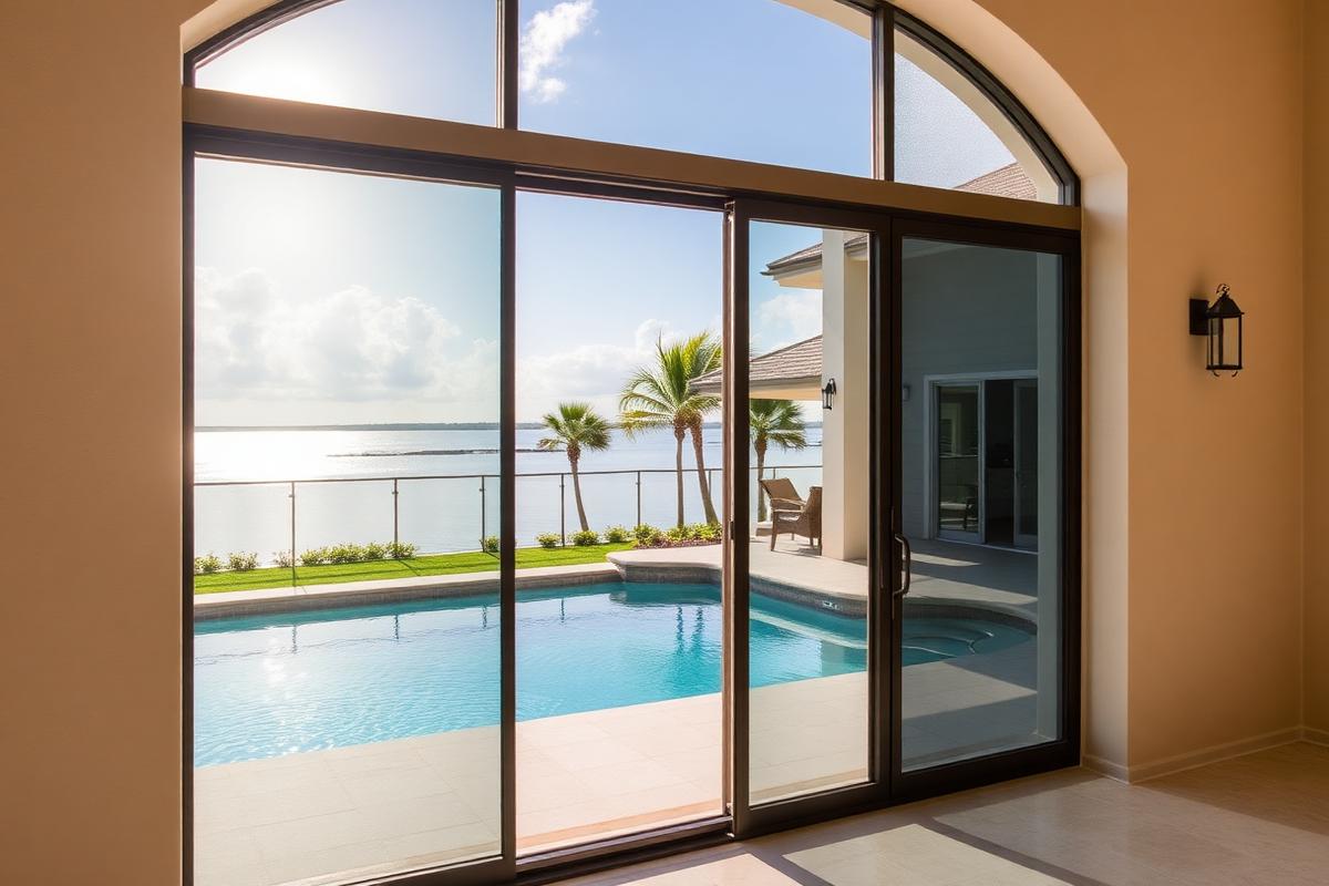 Impact-rated sliding glass doors installed on a Southwest Florida home overlooking a pool